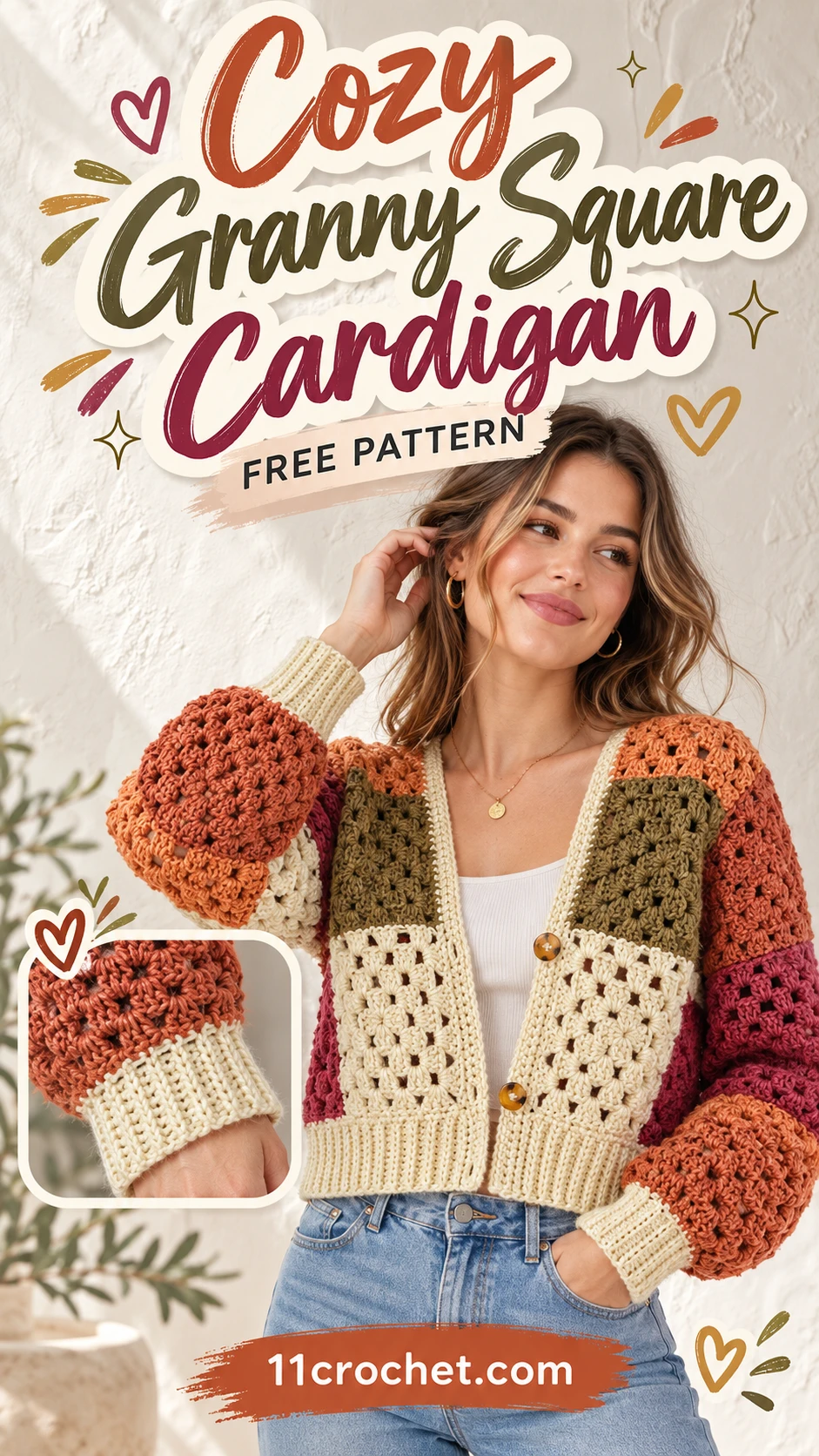 Cozy Granny Square Cardigan: AI-generated Pinterest inspiration with matching garment detail views