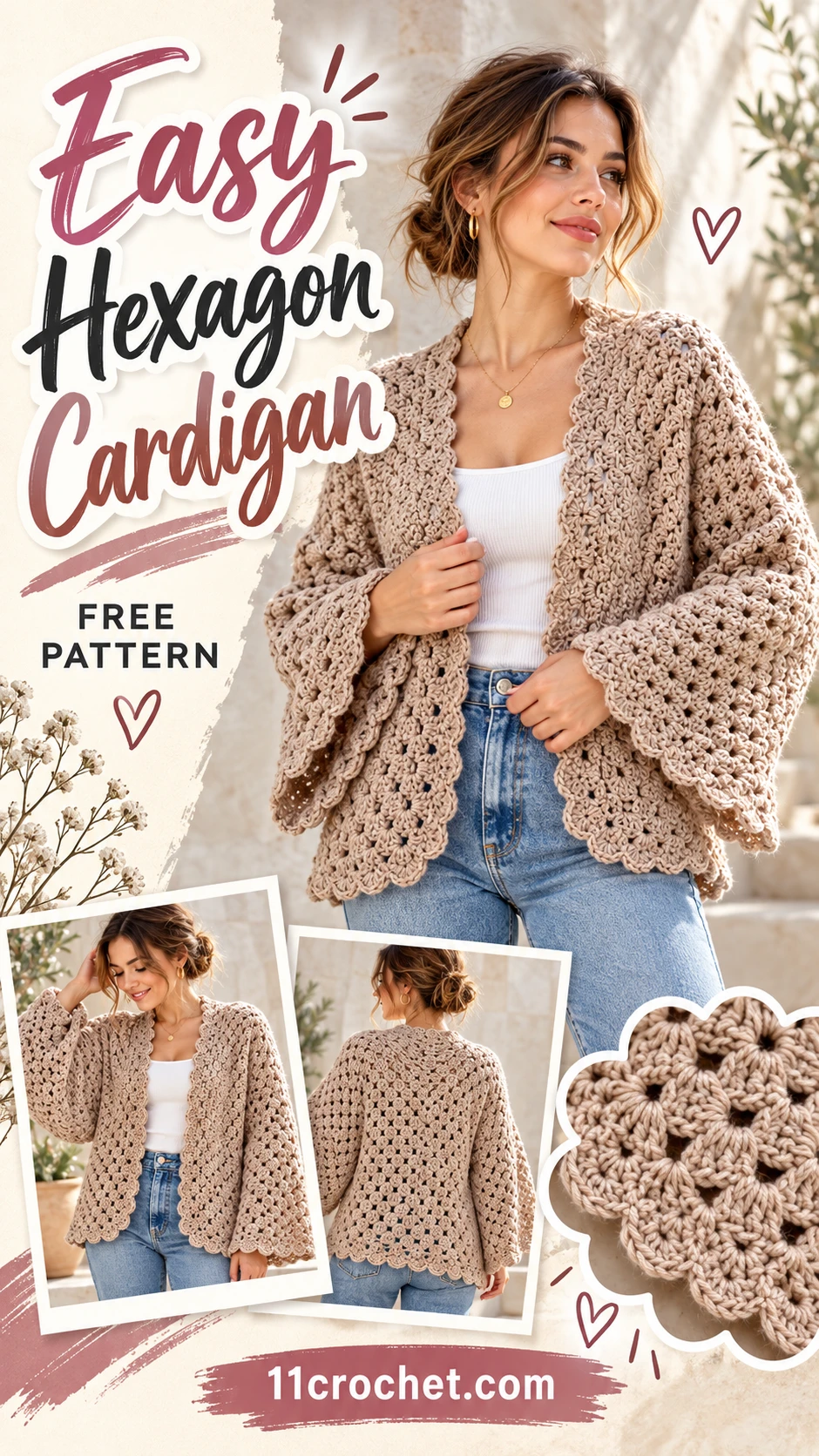 Easy Hexagon Cardigan: AI-generated Pinterest inspiration with matching garment detail views