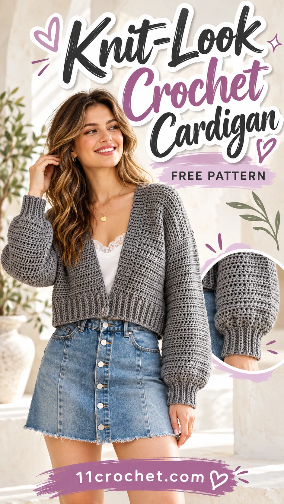 Knit-Look Crochet Cardigan: AI-generated Pinterest inspiration with matching garment detail views