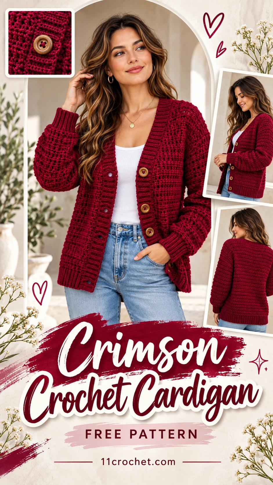 Crimson Crochet Cardigan: AI-generated Pinterest inspiration with matching garment detail views