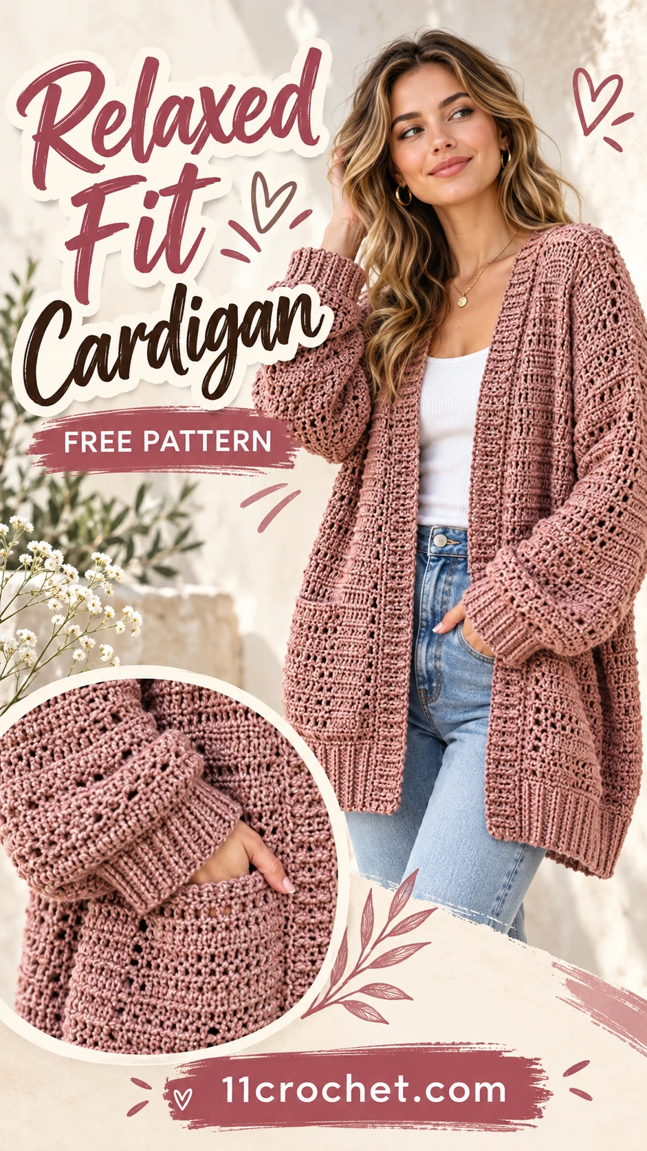 Relaxed Fit Cardigan: AI-generated Pinterest inspiration with matching garment detail views