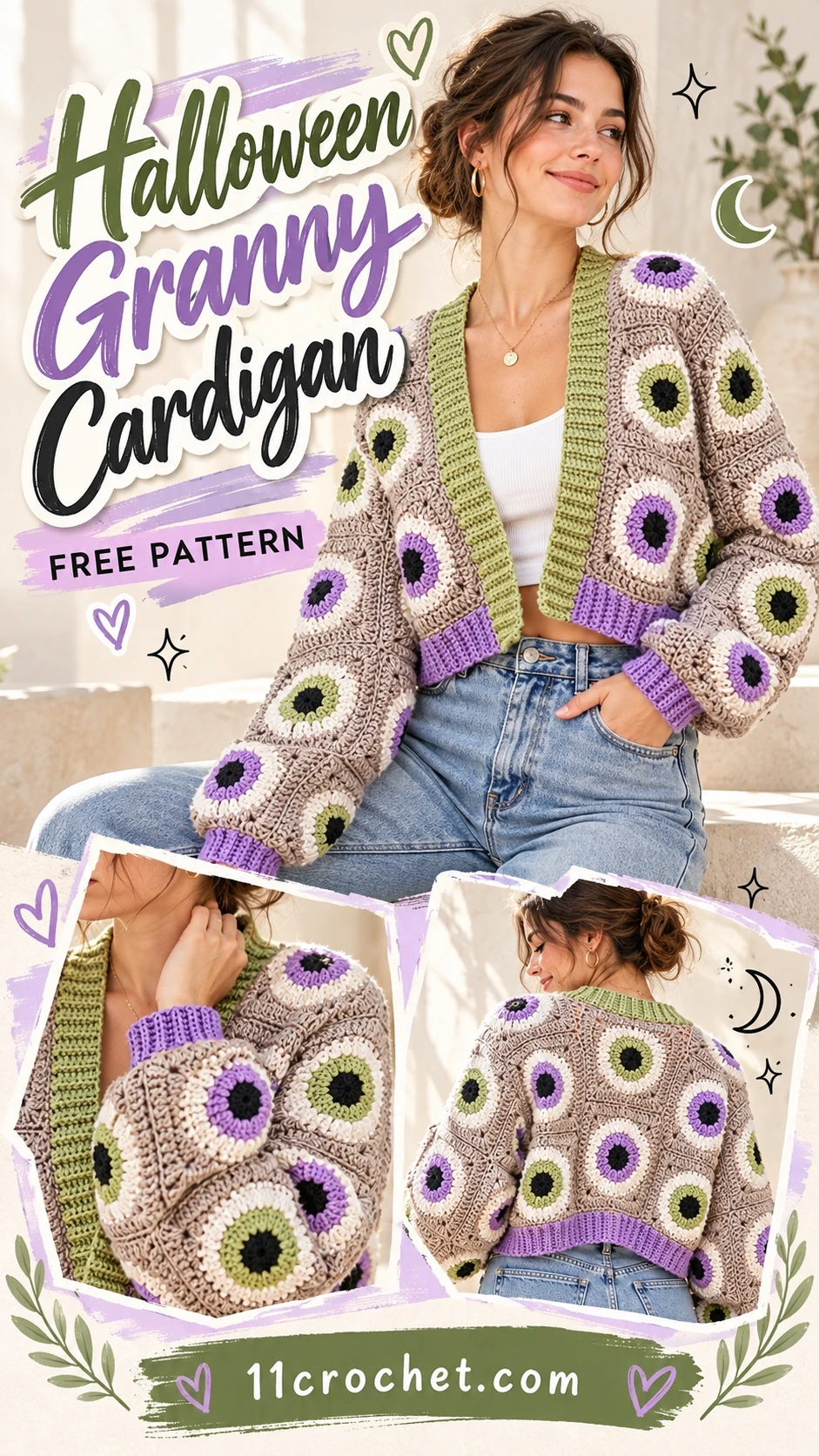 Halloween Granny Cardigan: AI-generated Pinterest inspiration with matching garment detail views
