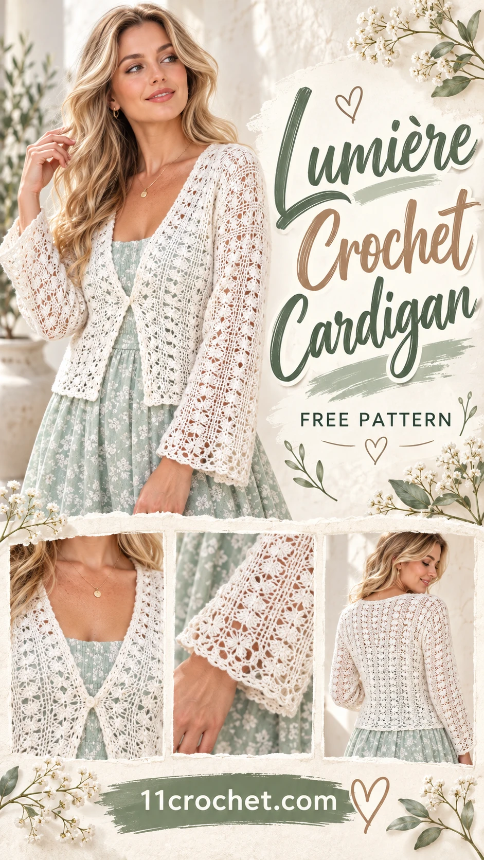 Lumière Crochet Cardigan: AI-generated Pinterest inspiration with matching garment detail views