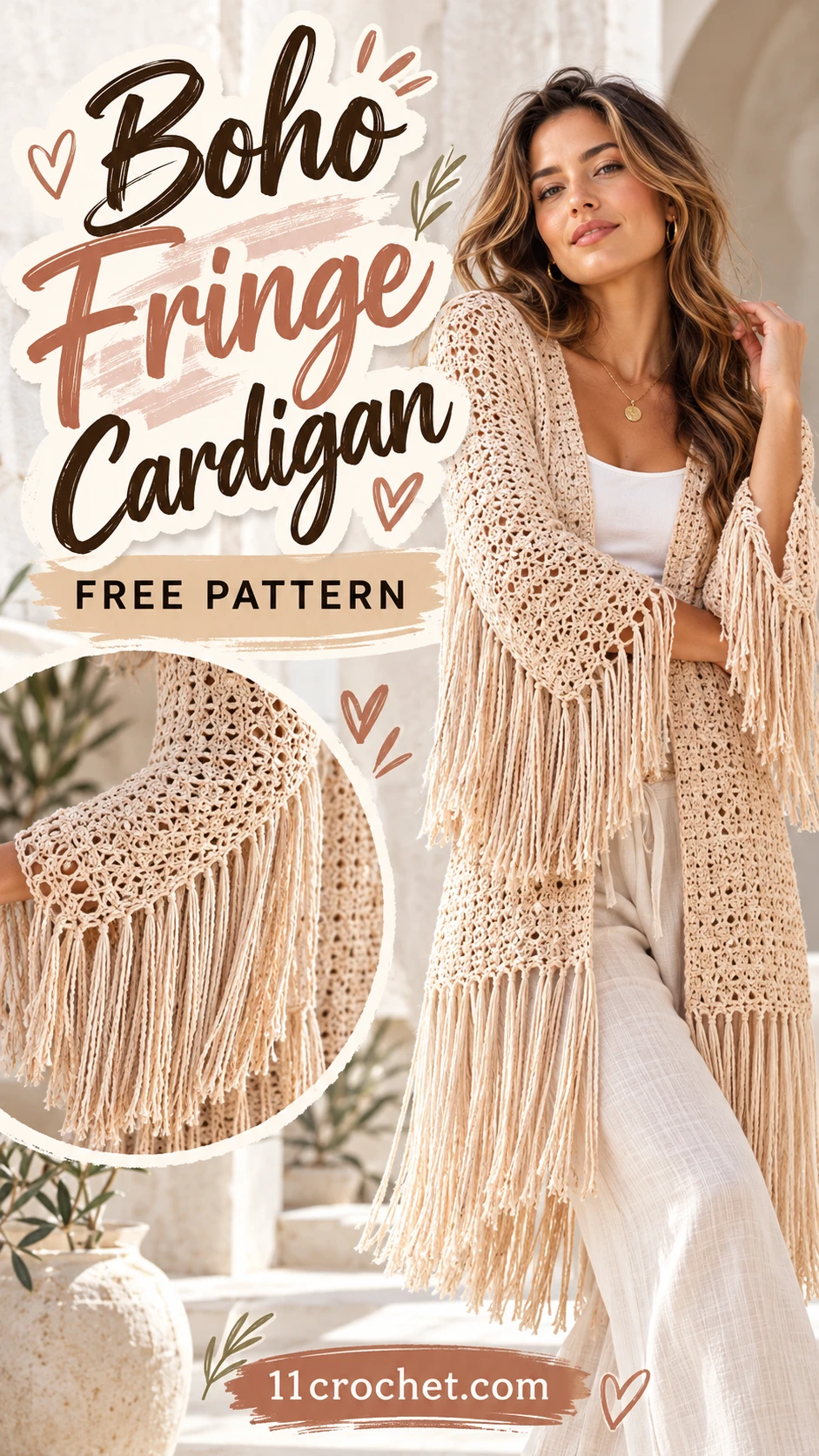 Boho Fringe Cardigan: AI-generated Pinterest inspiration with matching garment detail views