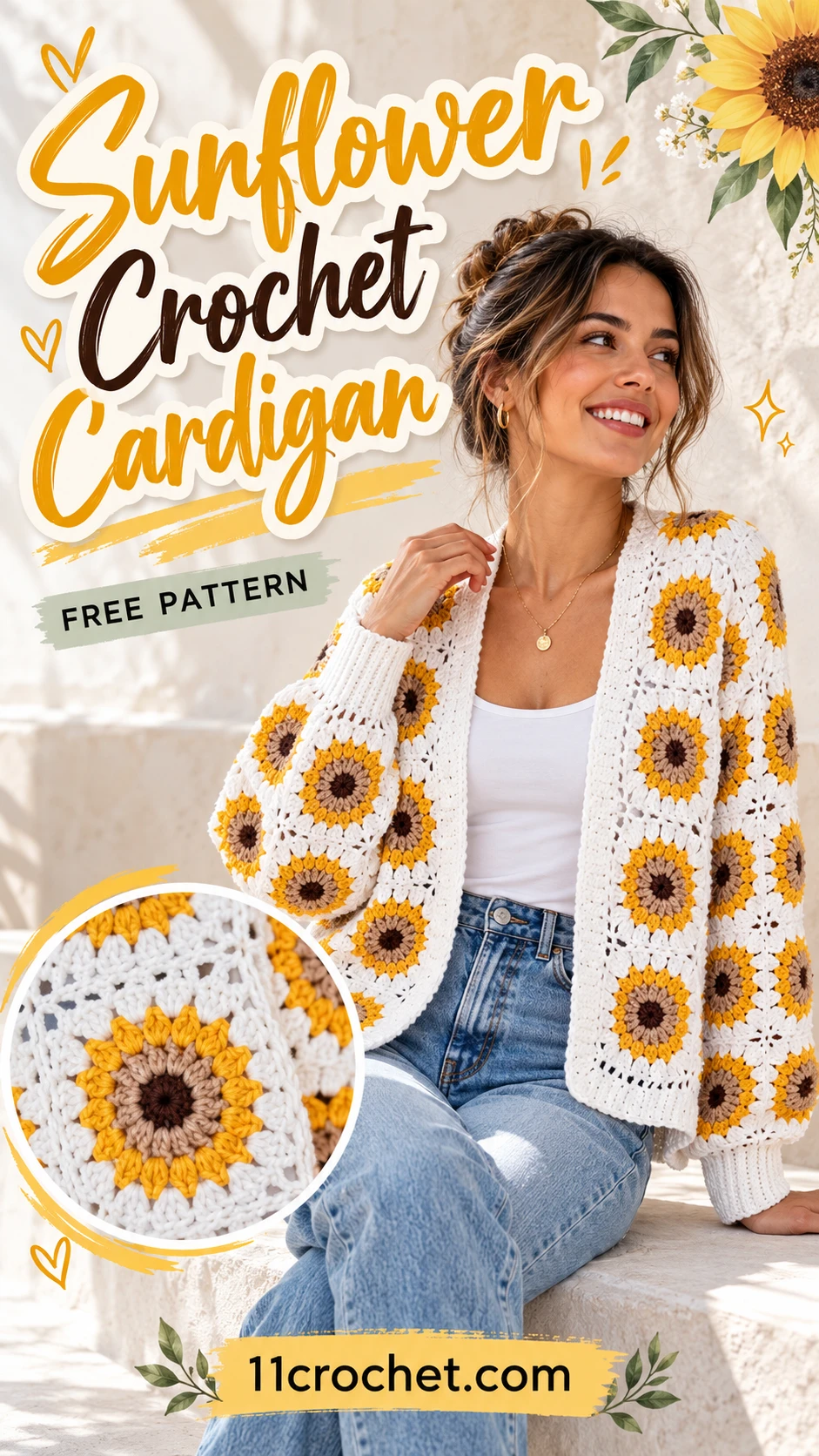 Sunflower Crochet Cardigan: AI-generated Pinterest inspiration with matching garment detail views