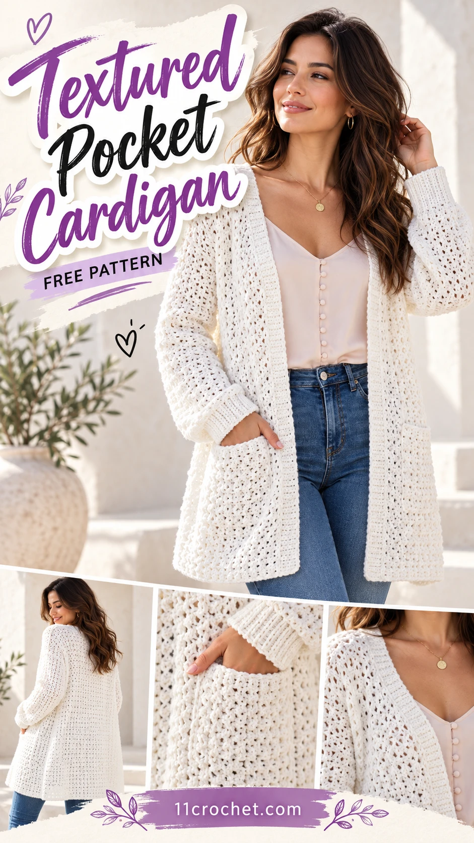 Textured Pocket Cardigan: AI-generated Pinterest inspiration with matching garment detail views
