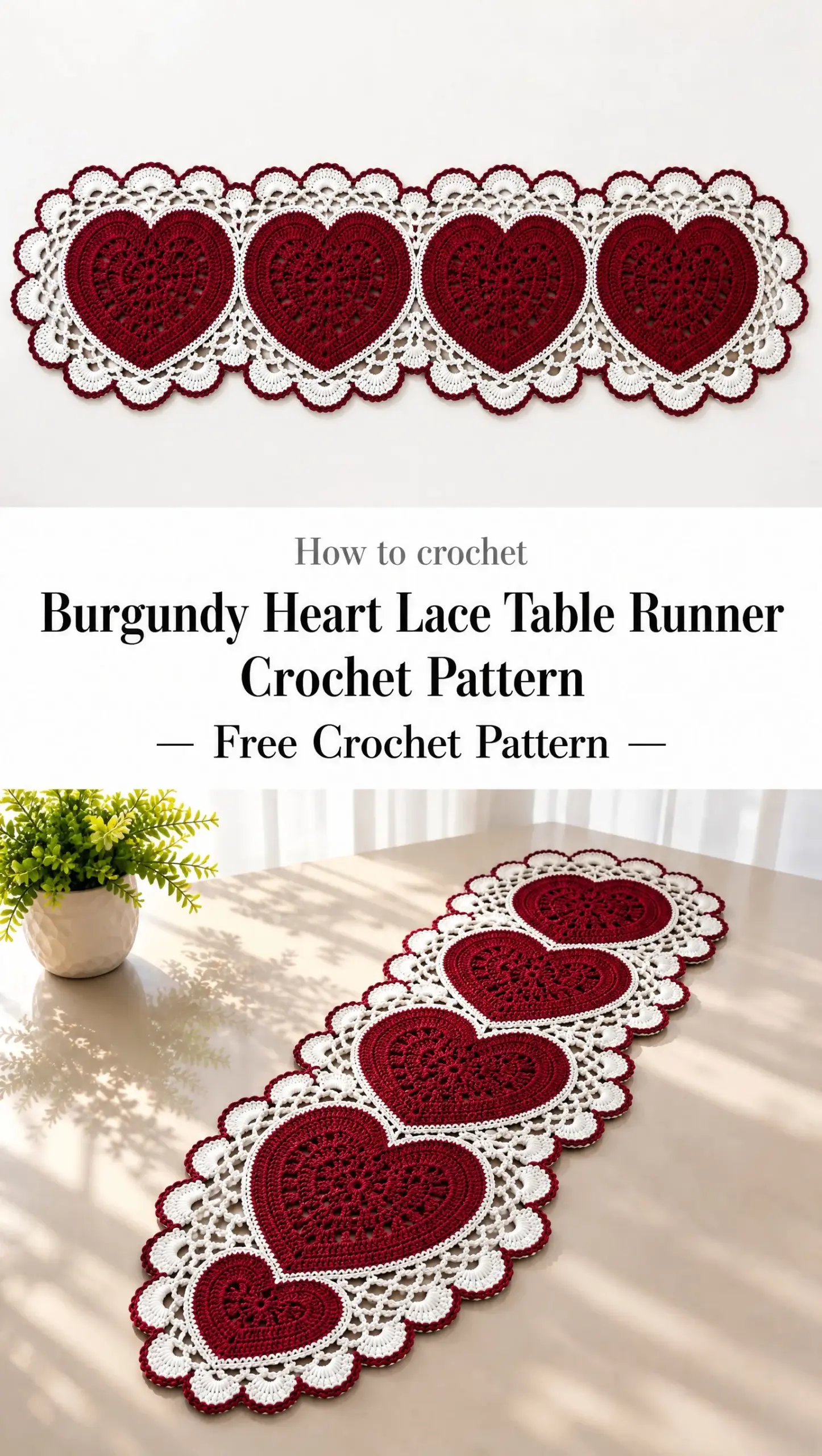 Burgundy Heart Lace Table Runner Crochet Pattern