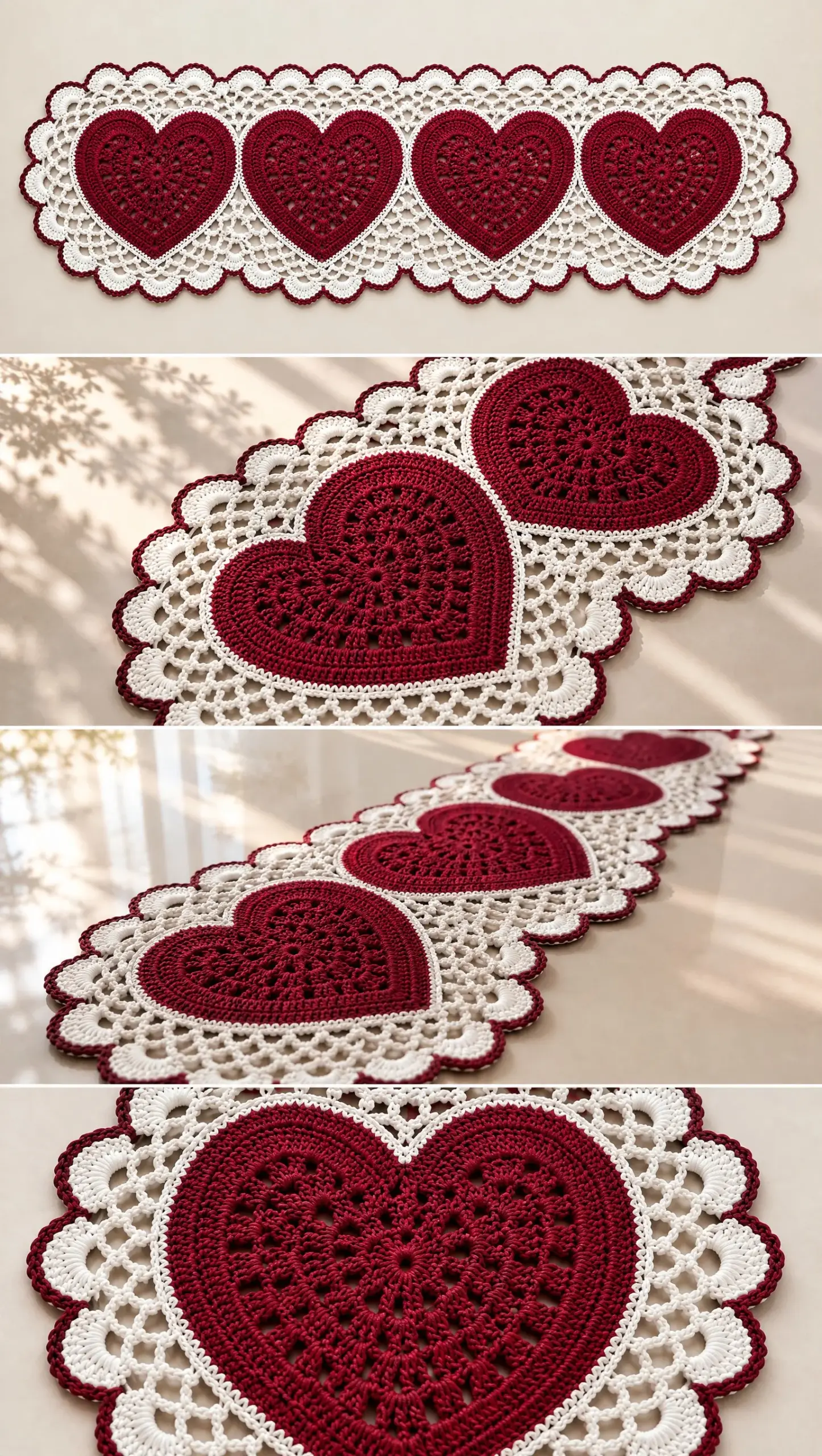 Burgundy Heart Lace Table Runner Crochet Pattern