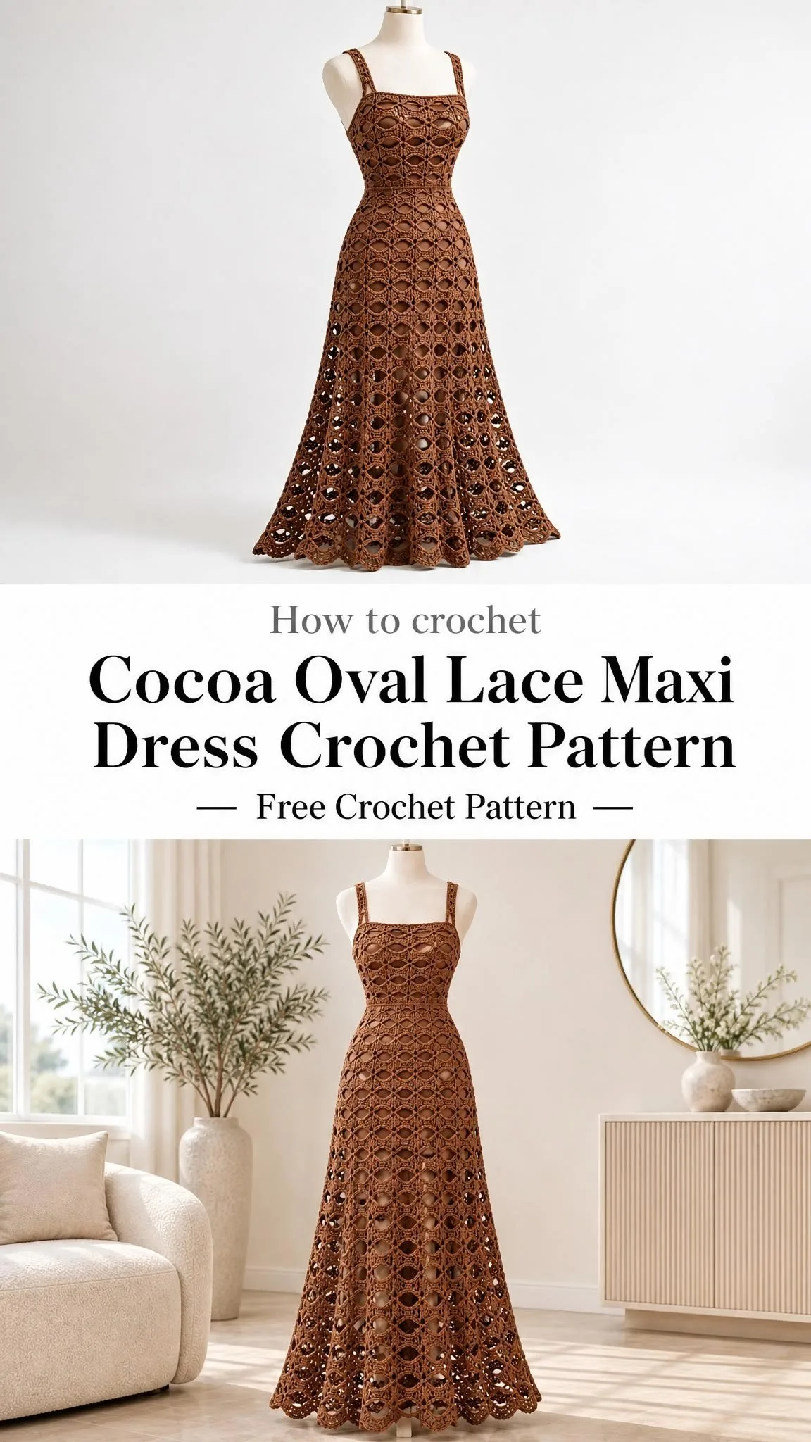 Close-up of horizontal oval eyelet lace texture in warm brown cotton yarn on crochet maxi dress