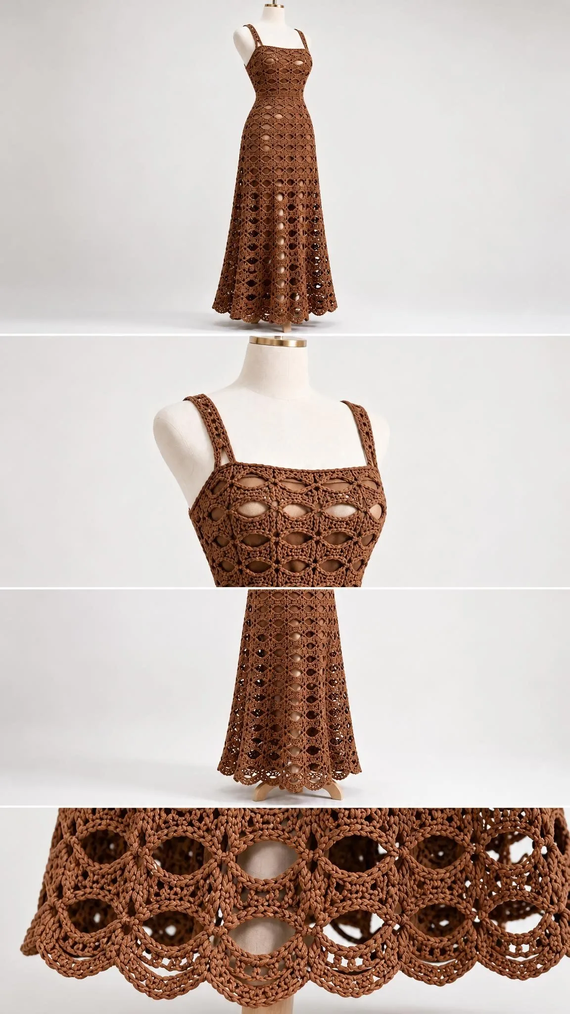 Full-length cocoa lace crochet dress with shoulder straps and scalloped hem against neutral background
