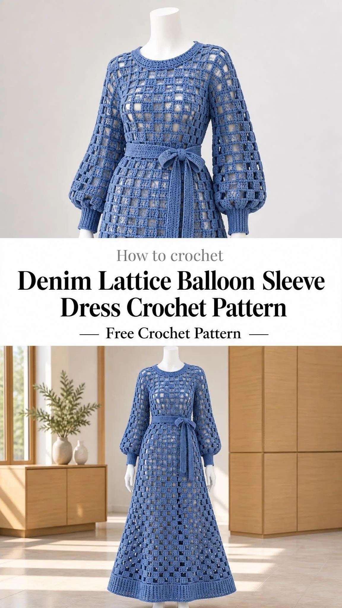 Full length A-line crochet dress in dusty blue with windowpane lattice stitch pattern and ribbed hem detail