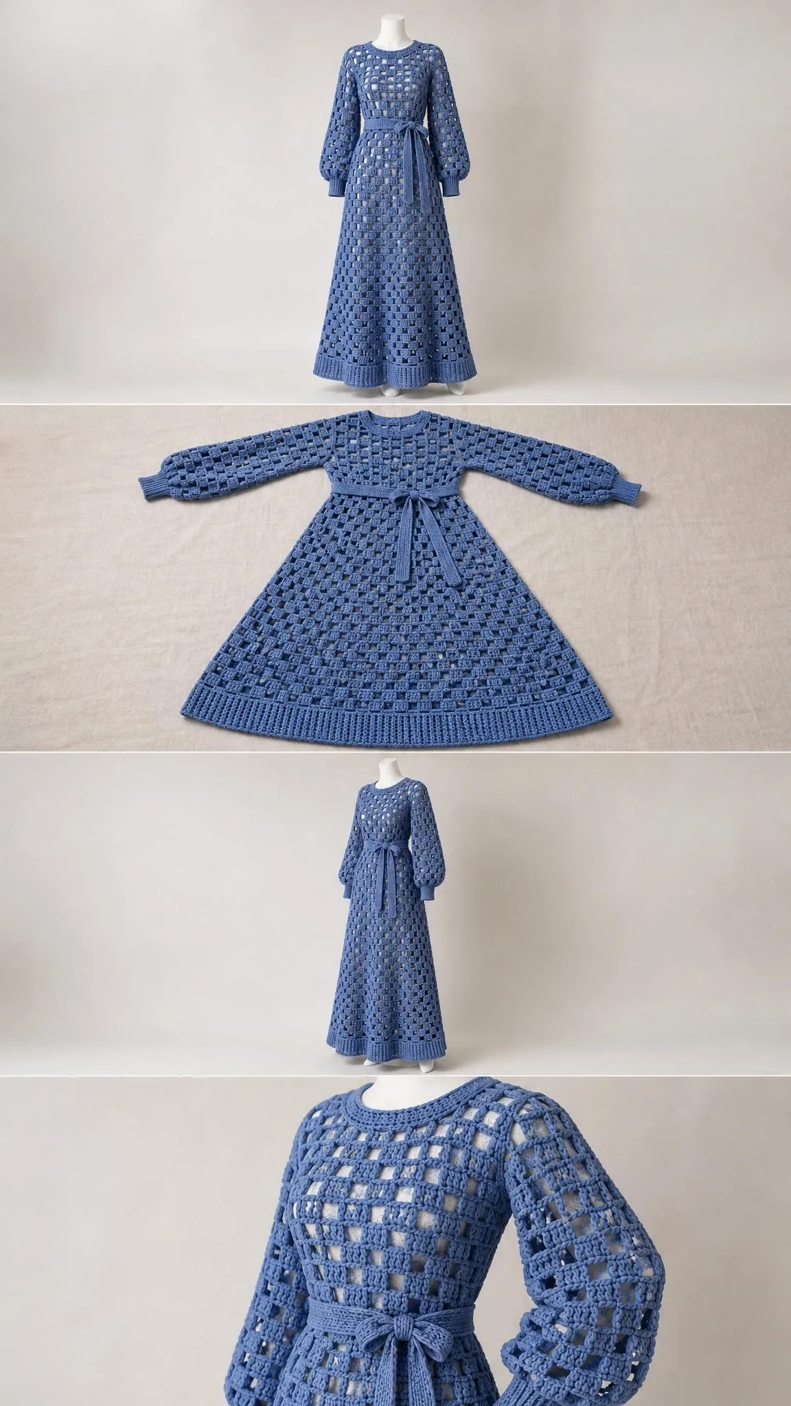 Handmade openwork crochet maxi dress showing gathered balloon sleeves, fitted ribbed cuffs, and elegant tied belt at waist