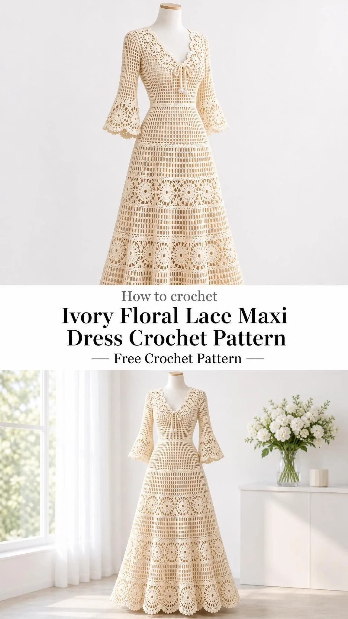 Close up of filet mesh bodice and sunburst rosette details on handmade ivory cotton crochet dress