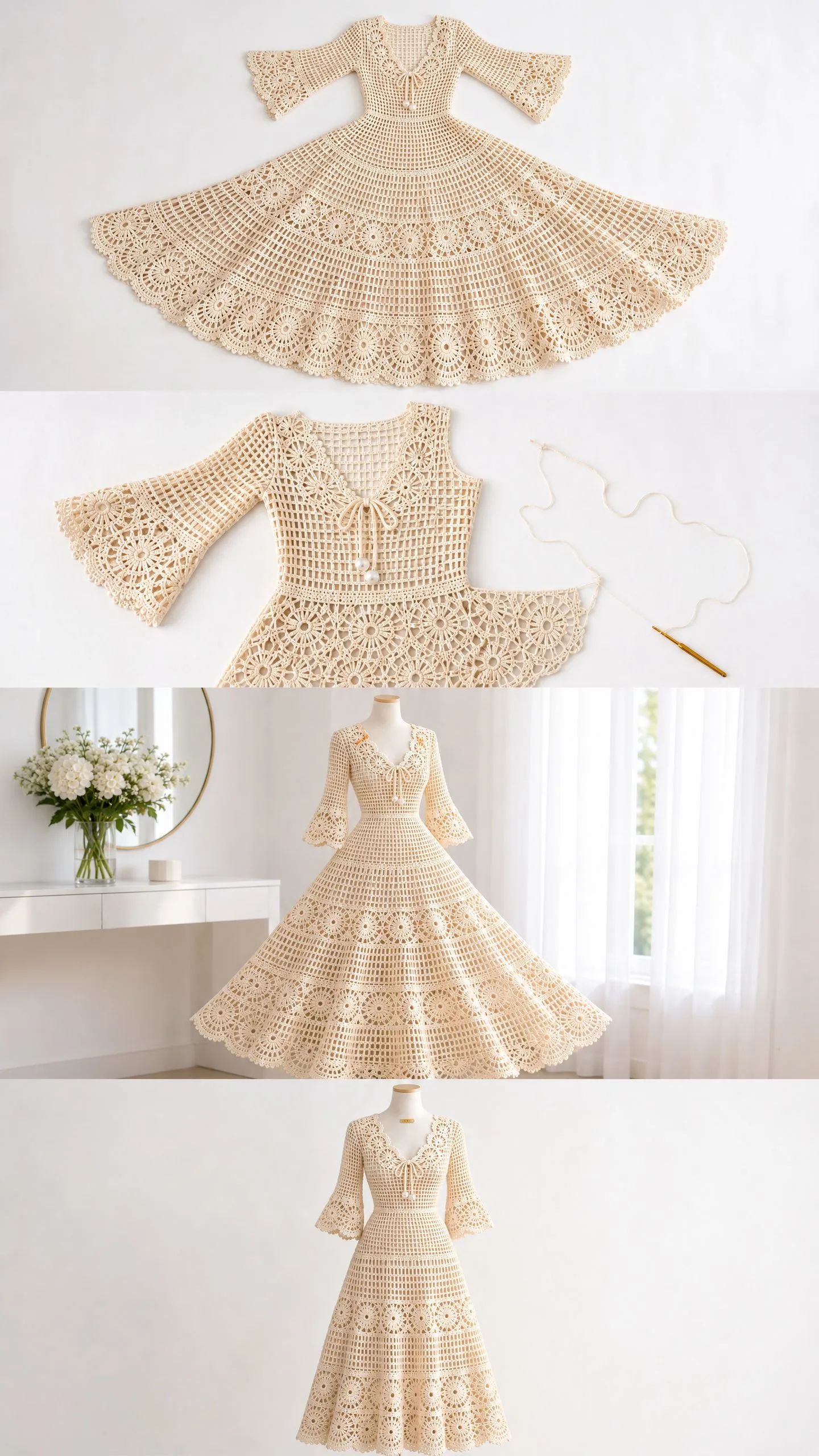 Full length view of romantic ivory crochet maxi dress with scalloped hem and decorative floral motifs displayed in bright room