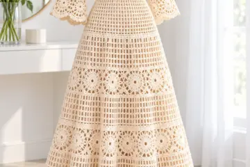 Ivory crochet lace maxi dress on dressmaker form with V neckline, bell sleeves, and three-tier flared skirt with floral rosette trim