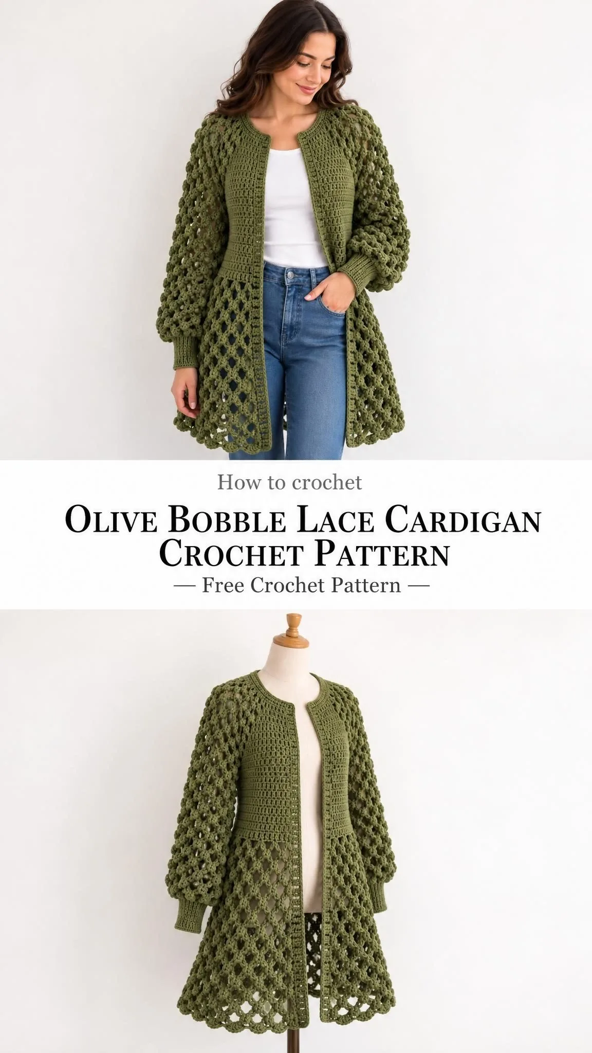 Close up of bobble diamond mesh texture on olive crochet cardigan showing open lacework pattern