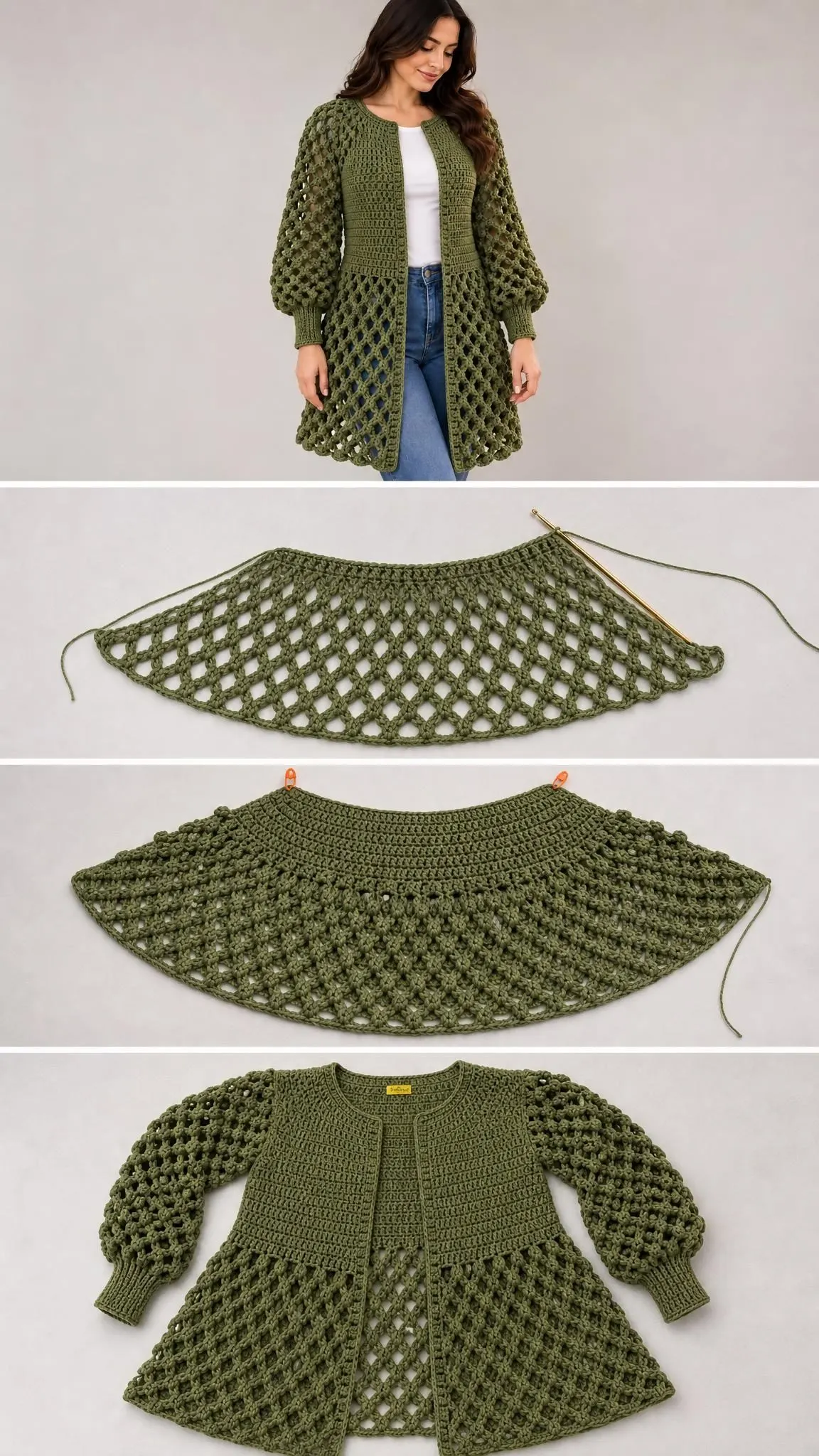 Full length view of handmade olive green crochet cardigan featuring dense upper body and flowing lace panels