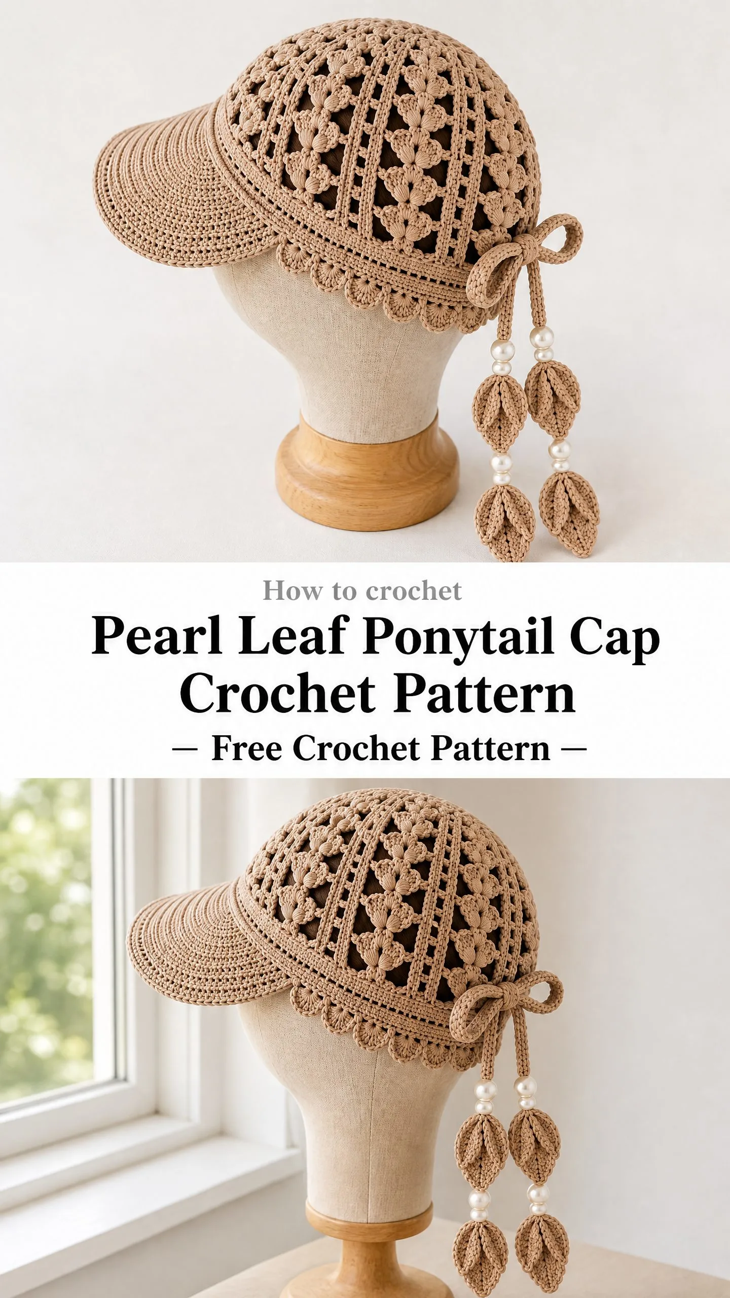 Close-up of pearl leaf ponytail cap showing open mesh stitch pattern, scalloped edge detail, and bow-tied closure with crocheted leaves