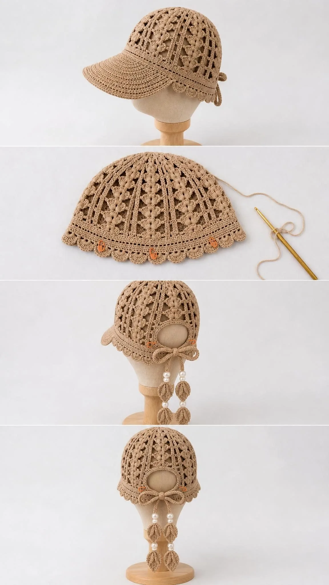 Finished crochet ponytail cap in fingering weight cotton featuring structured visor, decorative leaf vines on crown, and pearl-embellished hanging ties