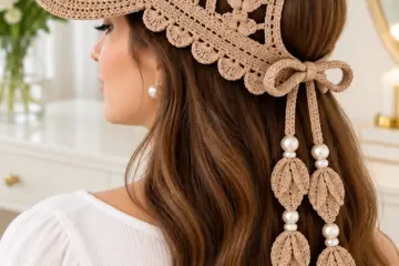 Warm tan crocheted ponytail cap with lace mesh crown, curved visor, and leaf applique ties with pearl beads, shown from the back on brunette hair