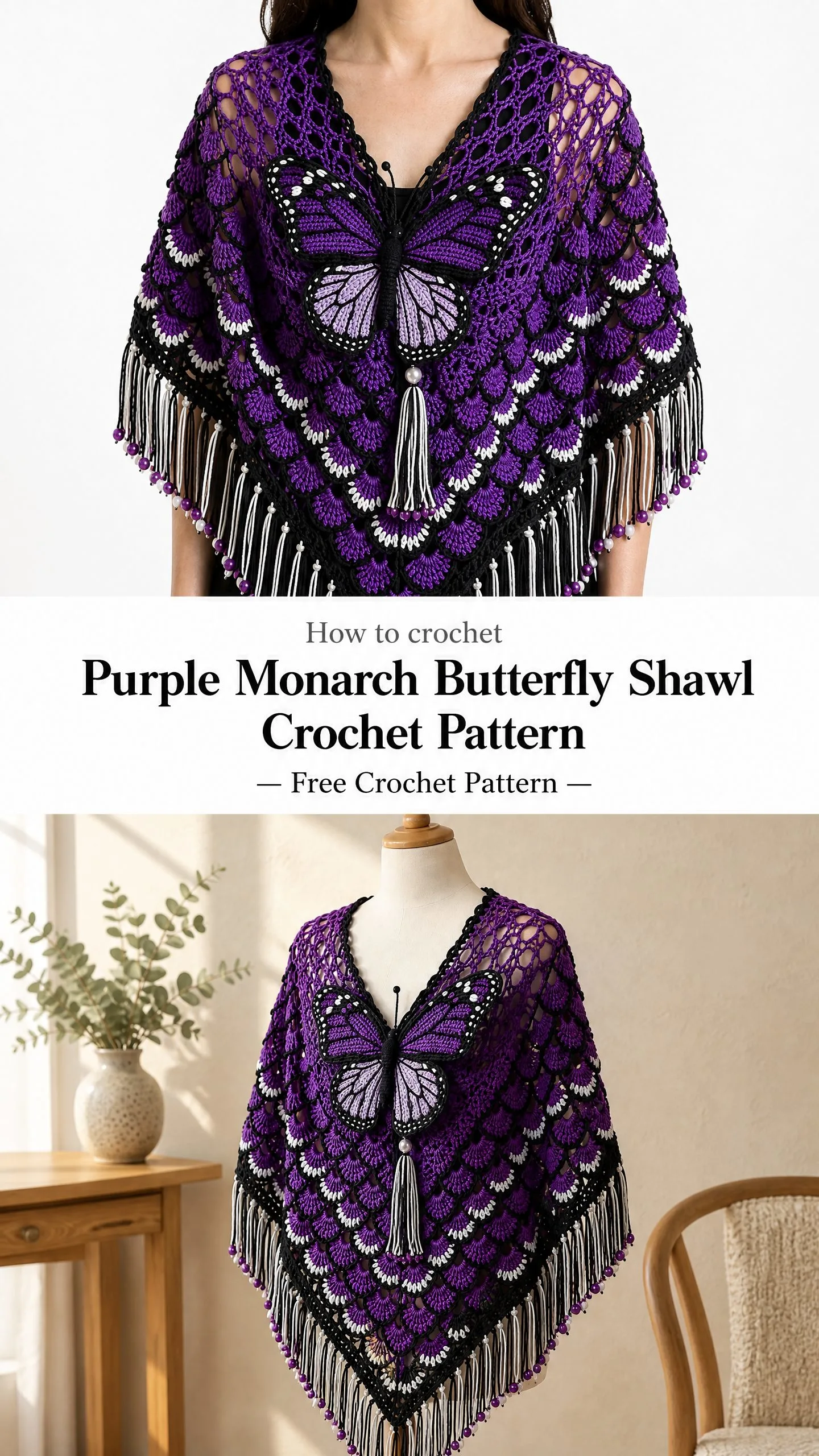 Purple Monarch Butterfly Shawl Crochet Pattern