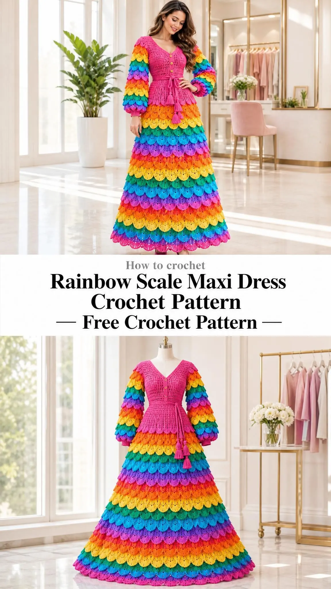 Full length view of crocheted rainbow maxi dress showing balloon sleeves covered in colorful overlapping scales and tasseled waist sash