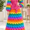 Completed rainbow scale maxi dress in hot pink bodice with cascading crocodile stitch tiers in orange, yellow, emerald, turquoise and violet