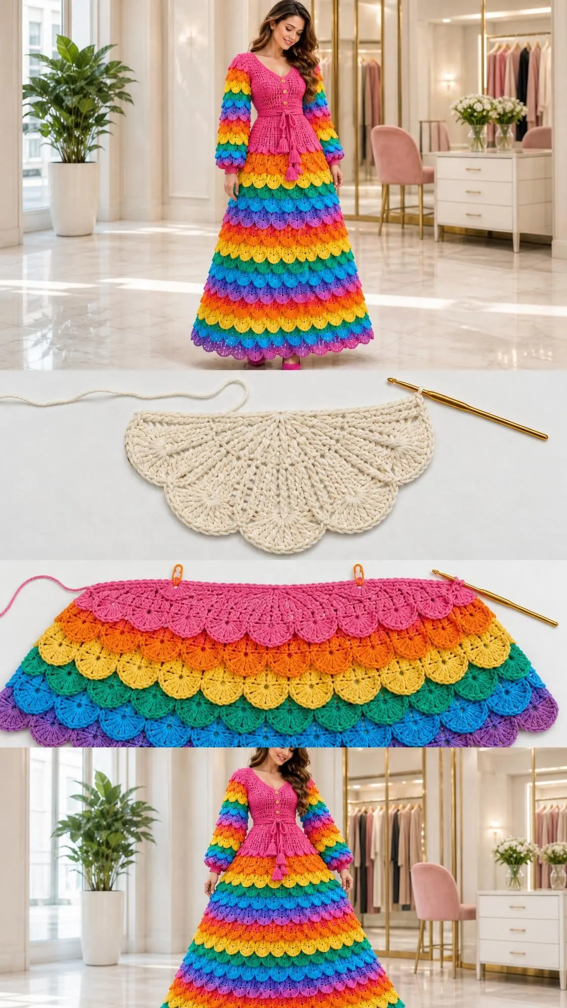 Close up detail of crocodile scale stitch texture on rainbow striped crochet dress skirt with scalloped hem edge