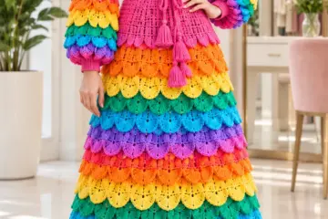 Completed rainbow scale maxi dress in hot pink bodice with cascading crocodile stitch tiers in orange, yellow, emerald, turquoise and violet