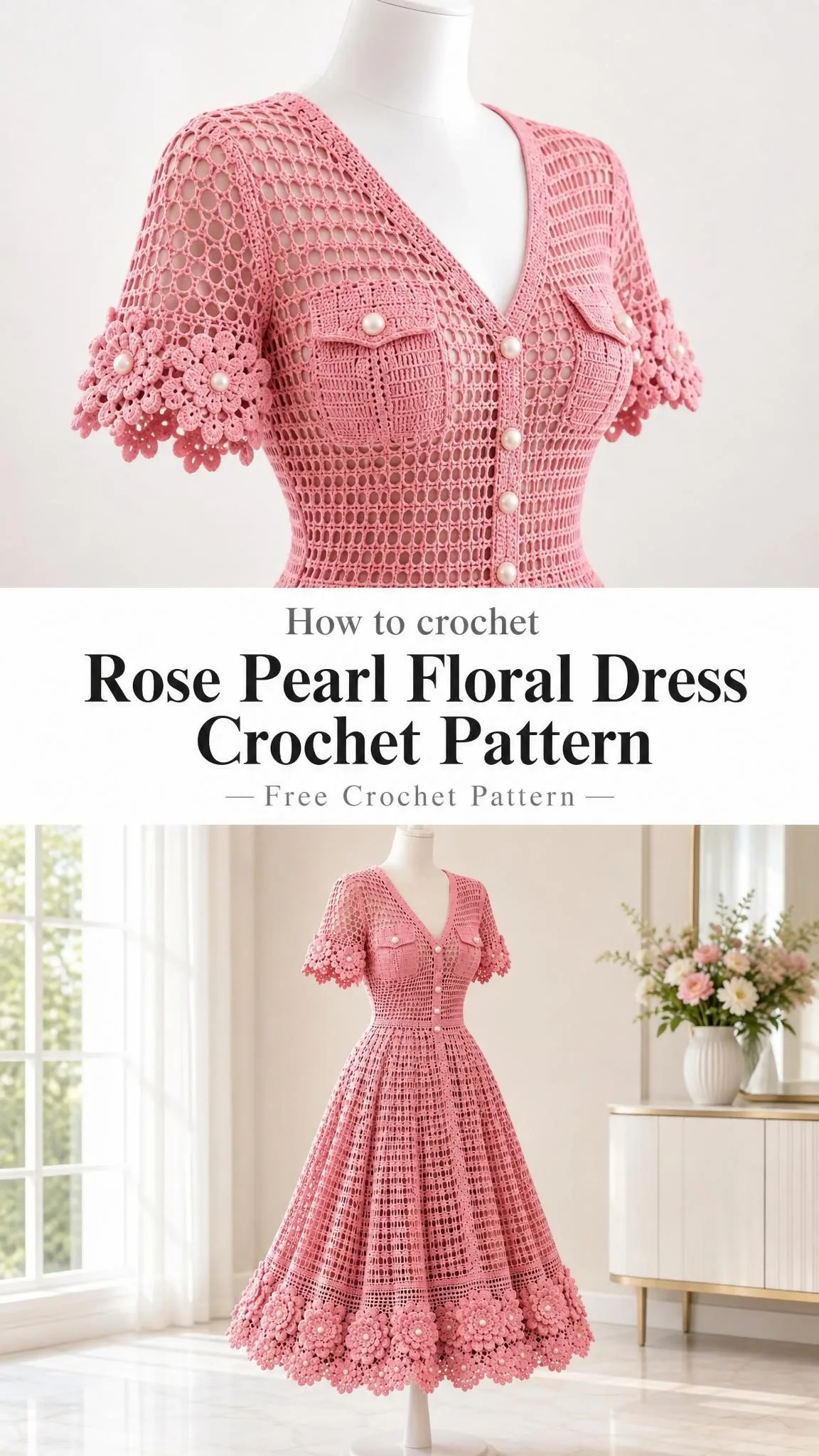Close up of rose pink crocheted layered roses with pearl centers decorating the hem of a floral crochet dress