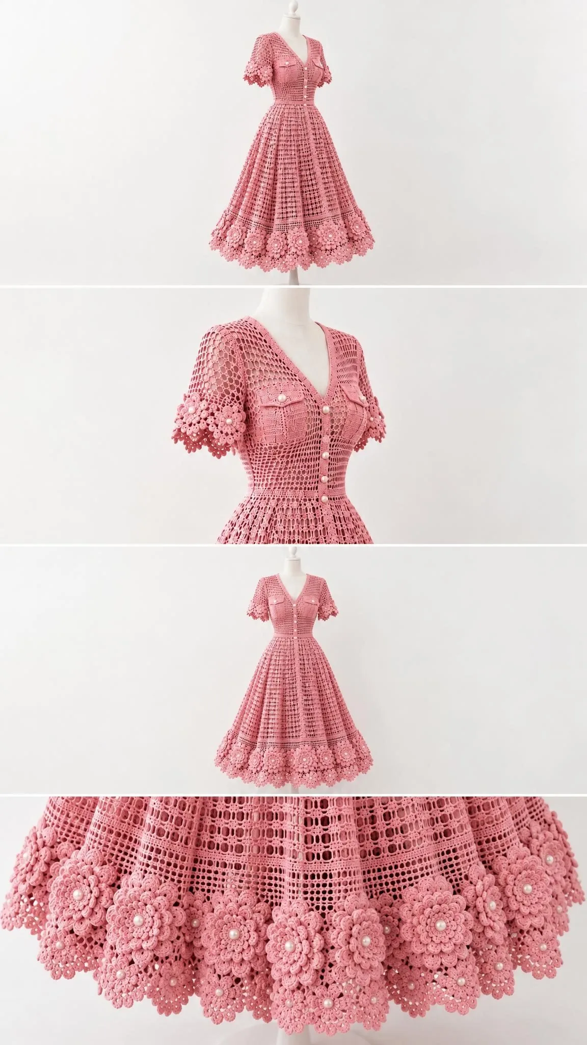 Full length rose pearl floral crochet dress featuring short puff sleeves, decorative pockets, and scalloped flower border
