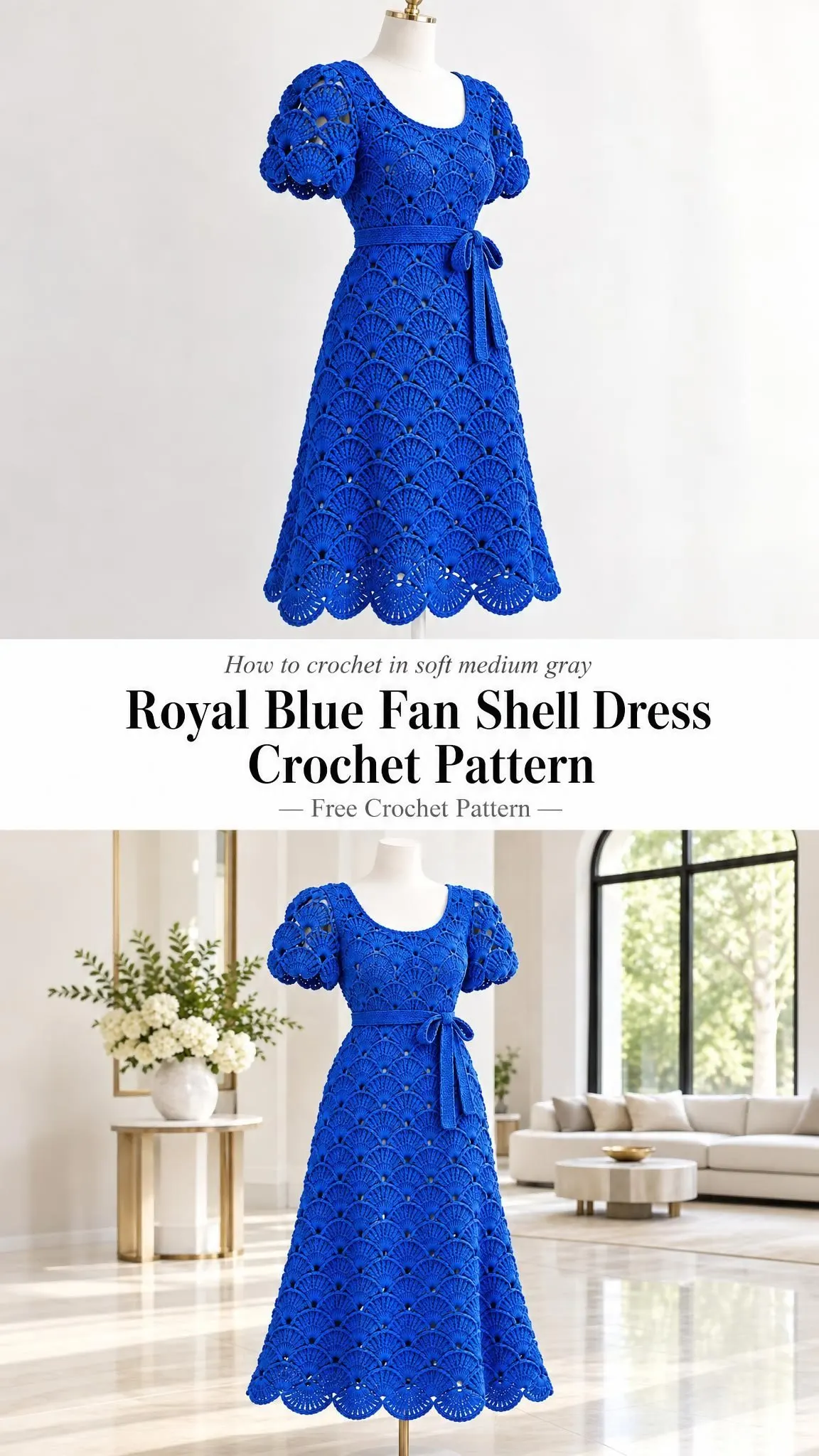 Fitted bodice detail of royal blue crocheted dress with puffed sleeves and tied waist belt