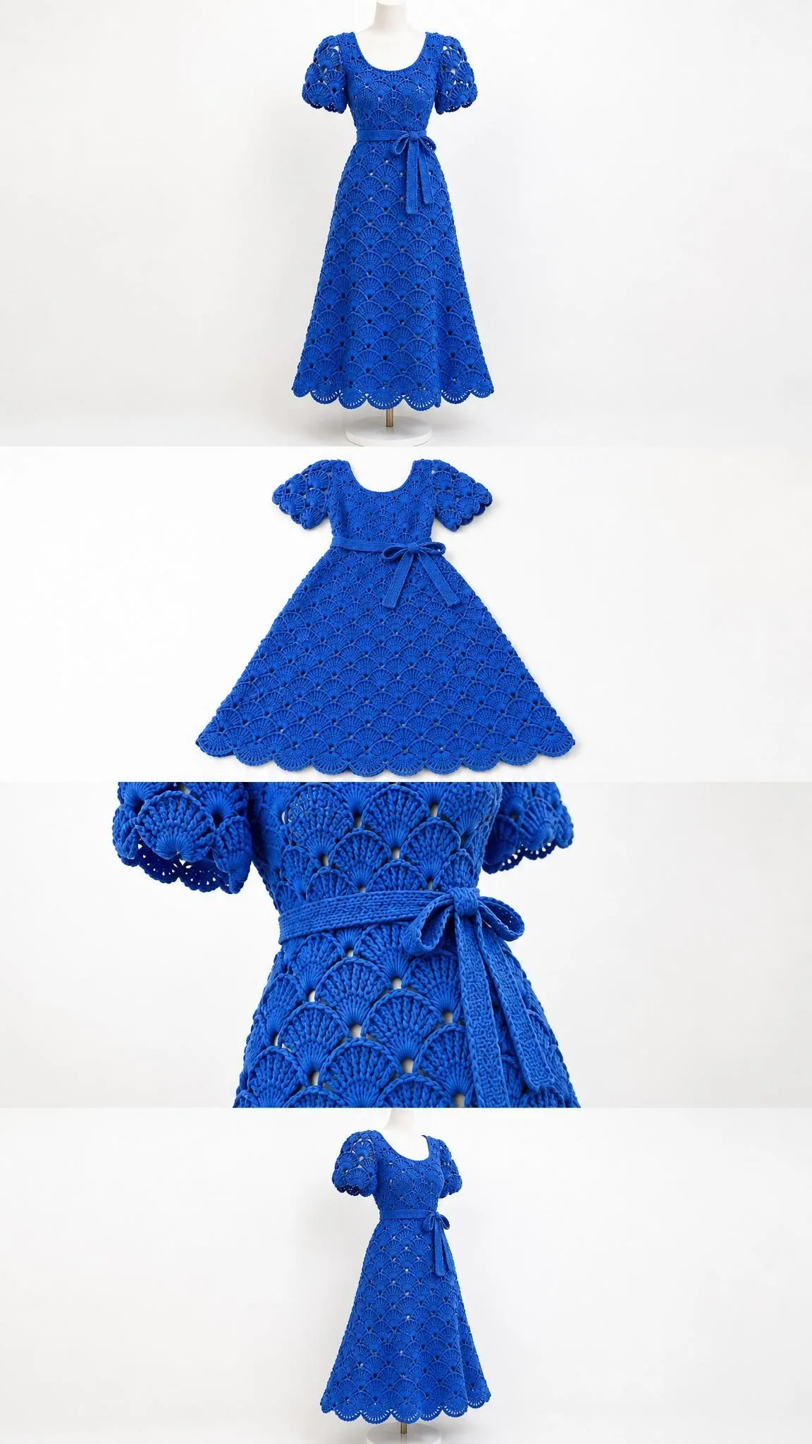 Full length royal blue fan shell crochet dress displaying flared skirt with raised shell texture