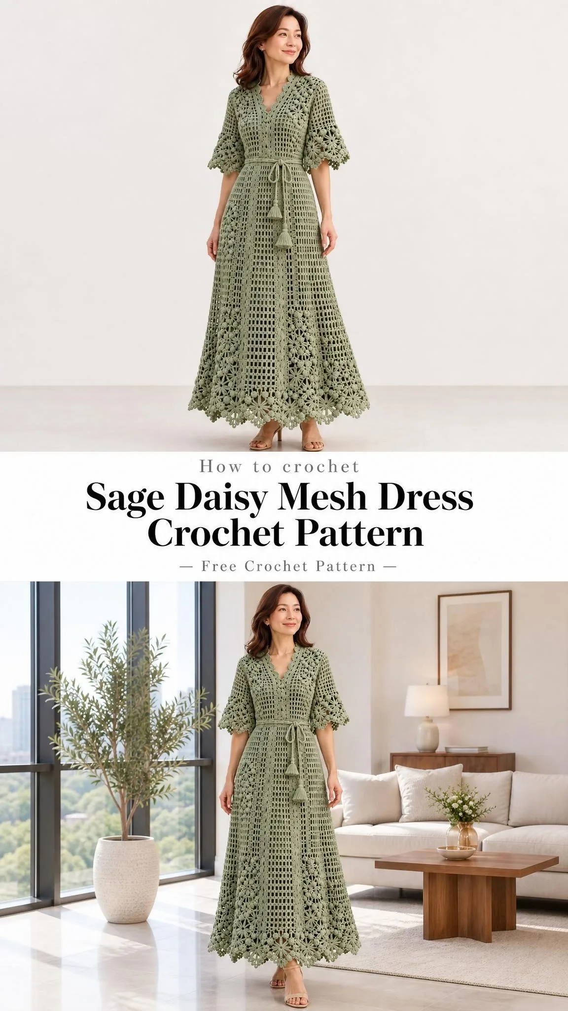 Full length sage daisy mesh crochet dress showing A-line skirt with floral hem border and open filet mesh texture