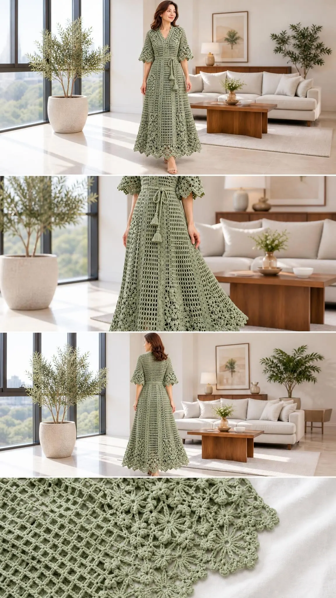 Close up of sage green crochet dress bodice featuring V-neck with daisy trim and square filet mesh pattern with waist tie bow