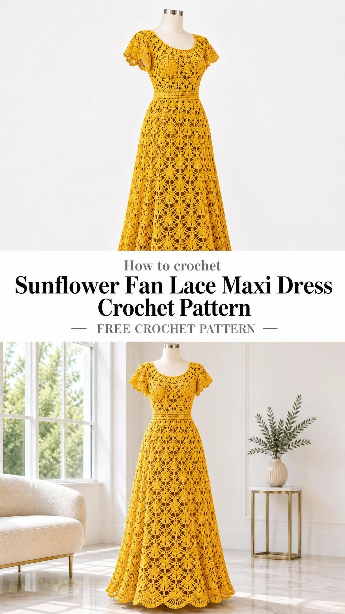 Close-up of golden yellow fan lace stitch pattern on handmade crochet maxi dress with scalloped hem