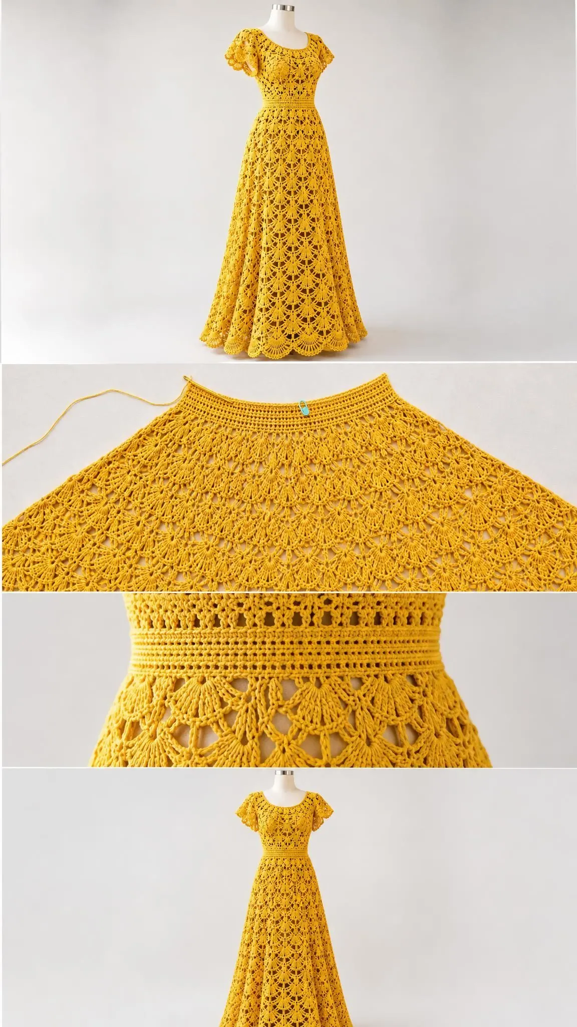 Full-length sunflower yellow crocheted lace dress featuring scoop neckline and flutter sleeves on dress form