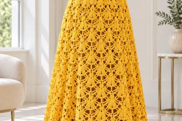 Sunflower yellow crochet maxi dress with fan lace bodice and flared skirt displayed on white mannequin