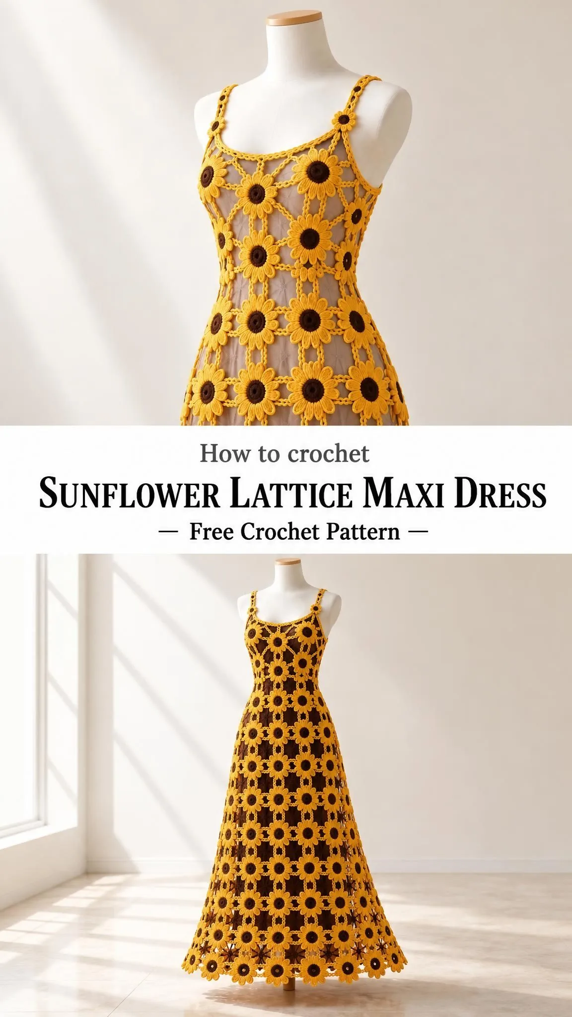 Close view of handmade crochet sunflower lattice dress showing eight-petal flower motifs connected by chain bridges