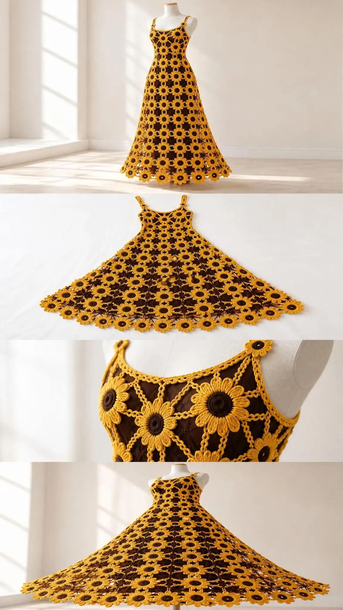 Full-length sunflower crochet maxi dress with A-line skirt and fitted bodice featuring bold yellow and brown color scheme