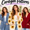 Collection cover showing blue-grey textured, ivory sunflower, and crimson crochet cardigans