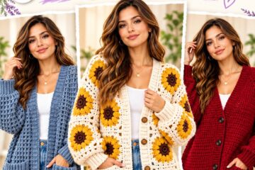 Collection cover showing blue-grey textured, ivory sunflower, and crimson crochet cardigans
