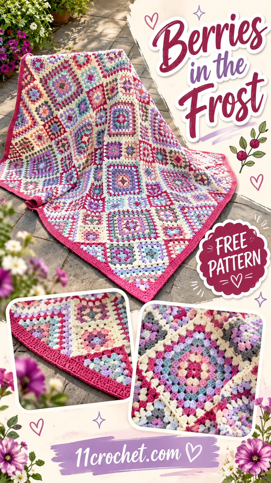Berries in the Frost Throw: AI-generated crochet blanket inspiration pin