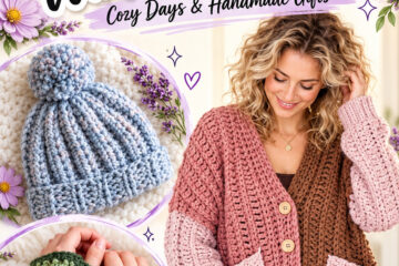 AI-generated collection cover showing a pink and brown cardigan, blue pompom beanie, and sunflower fingerless gloves.