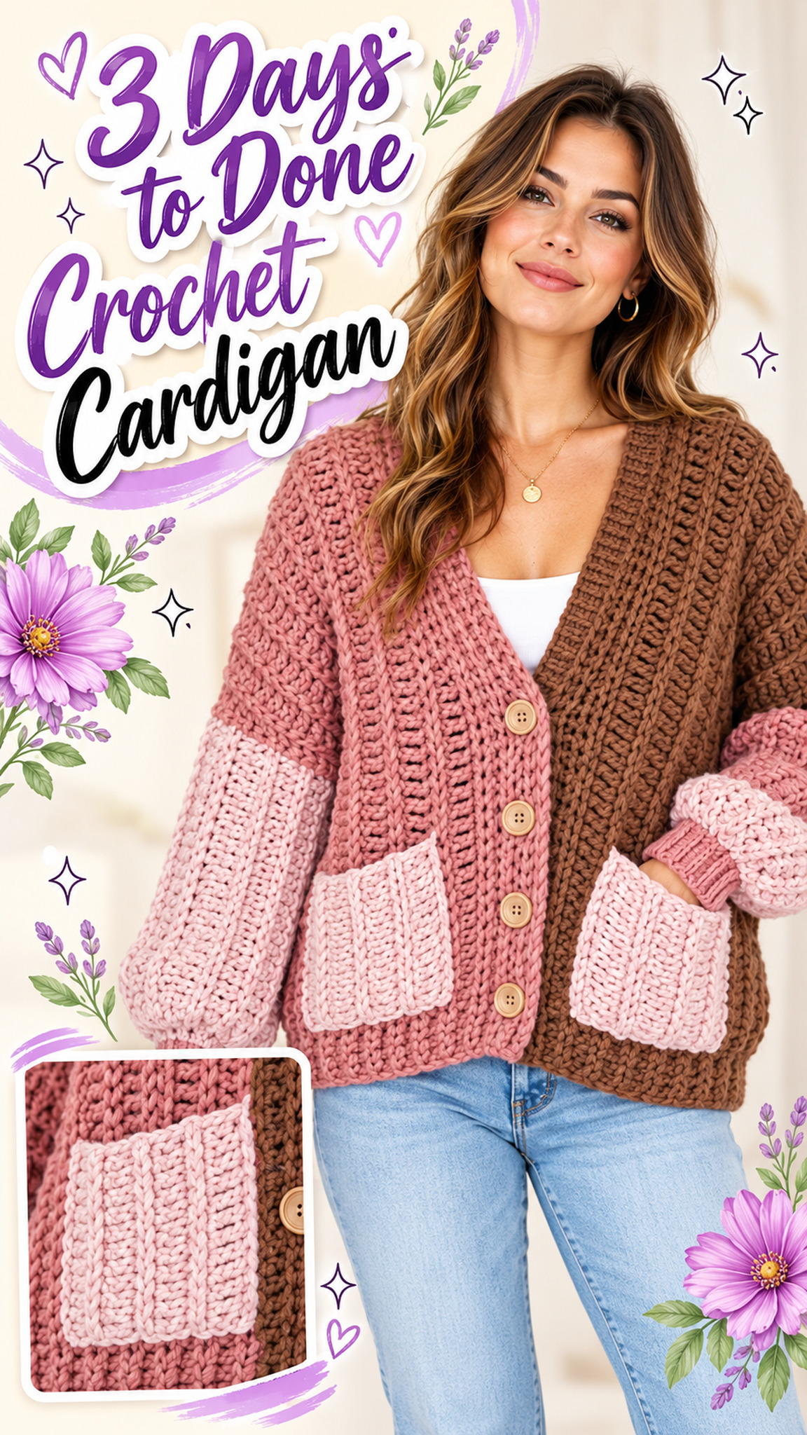 AI-generated styling illustration: Dusty rose and brown chunky crochet cardigan with pale pink pockets and tan buttons.