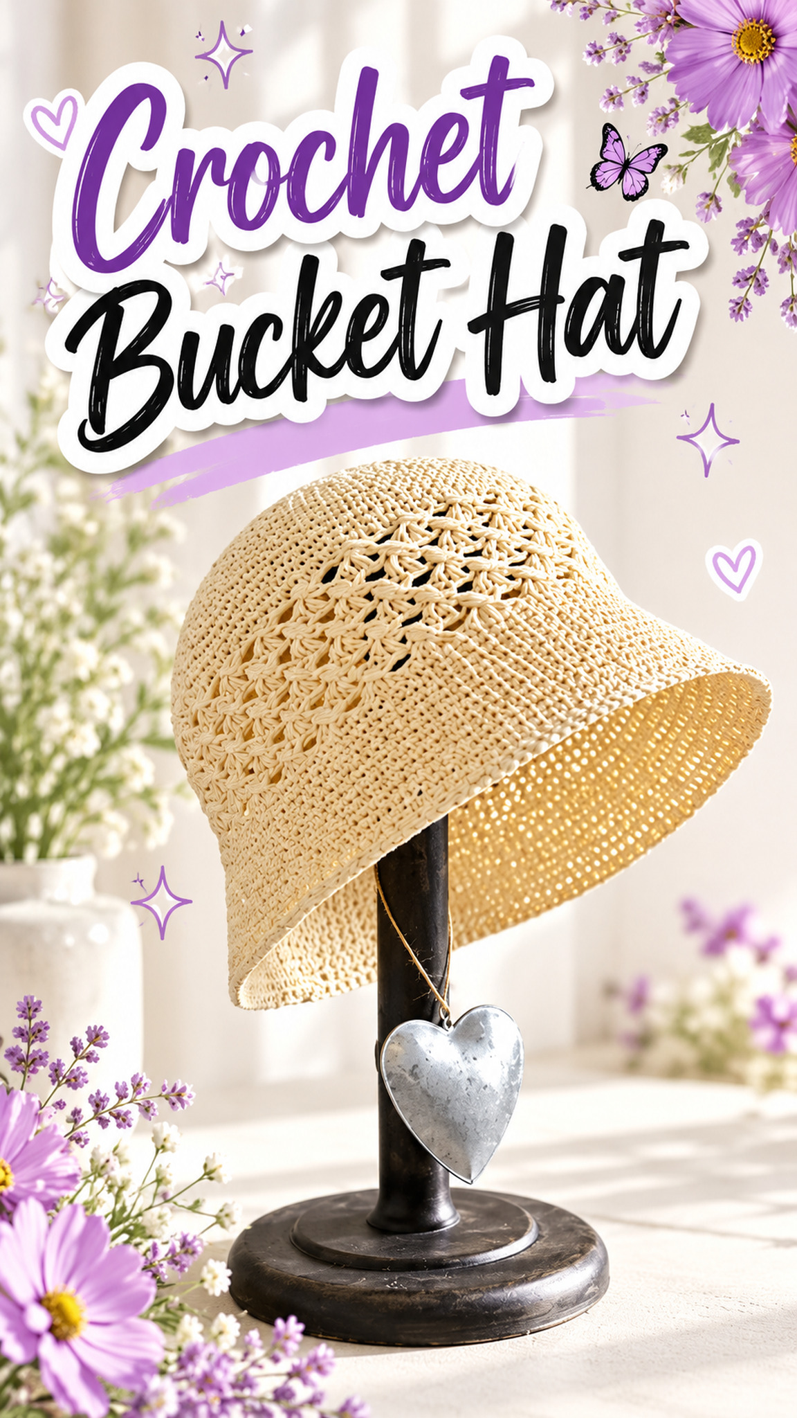 AI-generated styling illustration: Oatmeal raffia crochet bucket hat with crossed-stitch crown band and flared brim.