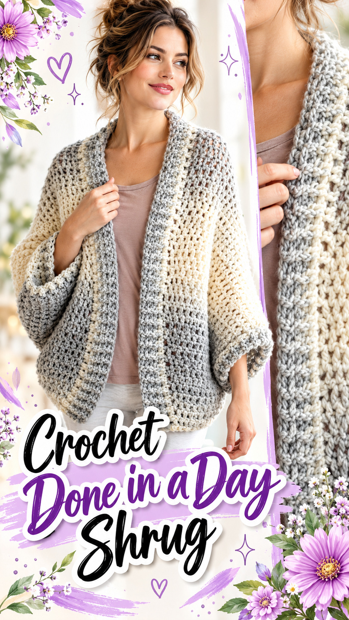 AI-generated styling illustration: Cream and gray ombre crochet shrug with a ribbed collar.