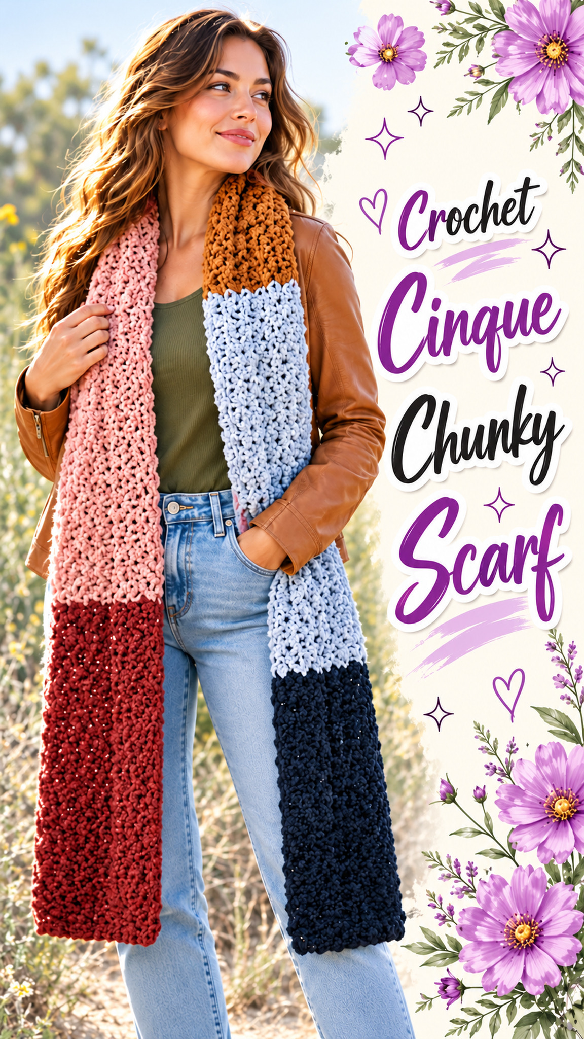 AI-generated styling illustration: Long chunky crochet scarf with pink, burgundy, mustard, light blue, and navy blocks.