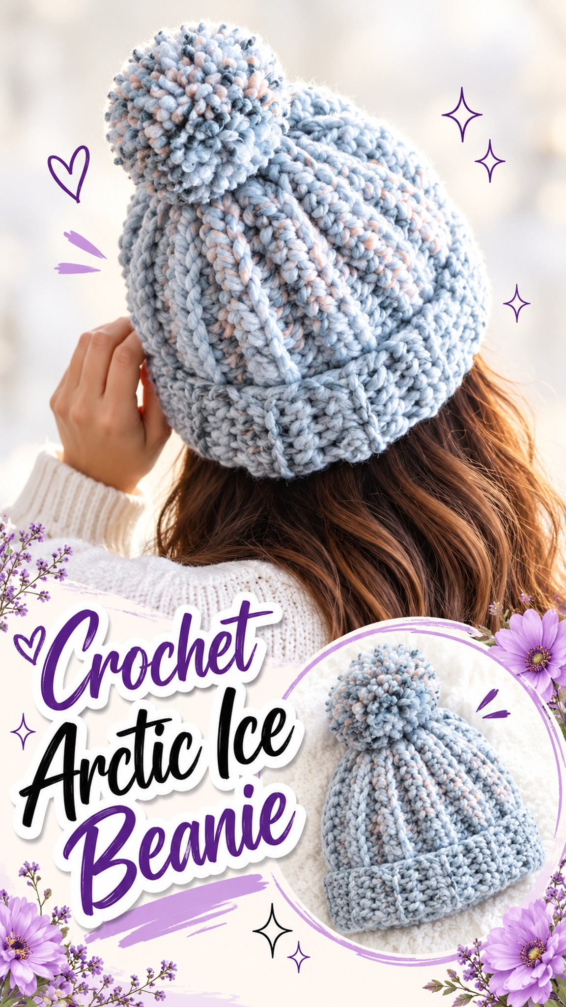 AI-generated styling illustration: Pale blue variegated ribbed crochet beanie with folded brim and yarn pompom.