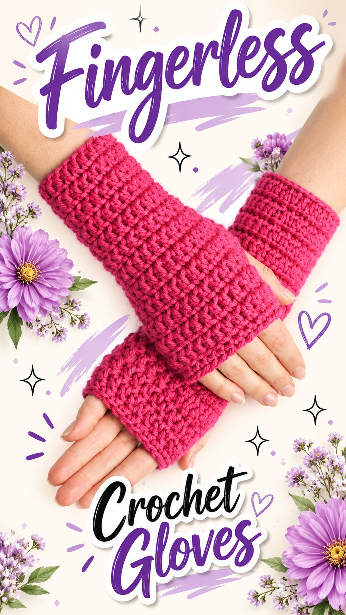 AI-generated styling illustration: Raspberry pink fingerless crochet gloves with open fingers and thumbholes.